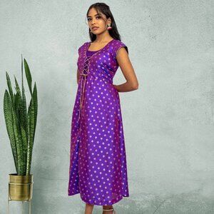 Purple Gold Silk Knee-Length Ethno-Chic Dress | Muvvas Boutique